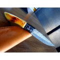 Handmade DAMASCUS Steel Hunting Knife, BURNT Camel Bone & Wooden Handle scales.