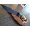 Handmade DAMASCUS Steel Hunting Knife, BURNT Camel Bone Handle scales. FREE Survival Bracelet.