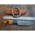 Handmade DAMASCUS Steel Hunting Knife, BURNT Camel Bone Handle scales. FREE Survival Bracelet.