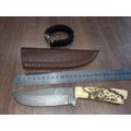 Handmade Damascus steel HUNTING  knife with Camel Bone handle scales Wolf engraved, FREE BRACELET