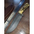 Handmade Damascus steel HUNTING  knife with Camel Bone handle scales Wolf engraved, FREE BRACELET