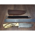 Handmade Damascus steel HUNTING  knife with Camel Bone handle scales Wolf engraved, FREE BRACELET