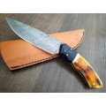 Handmade Damascus steel HUNTING Knife with Burnt CAMEL BONE handle scales.