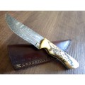 Handmade Damascus steel HUNTING Knife with Camel Bone handle scales, Crazy R1 start.