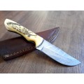 Handmade Damascus steel HUNTING Knife with Camel Bone handle scales, Crazy R1 start.