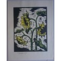 Watercoloured Sunflowes  Linocut by Gregoire Boonzaier Dated 1978