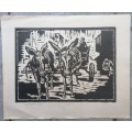 Rare! Double Donkey Cart Linocut By Gregoire Boonzaier, Signed and Dated 1978 in Pencil, UNFRAMED