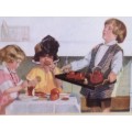 *PRINT Framed WOOD +GLASS  Children playing dress up as adults at tea shop