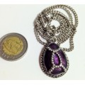 Necklace - Pendant Egyptian SCARAB Cloisonne PURPLE ENAMEL TRIM +  metal CHAIN silver tone