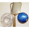 Mirror+ Powder bowl*GUILLOCHE ENAMEL*ROSE hand held mirror + BLUE LID CRYSTAL POWDER BOWL