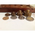 Antique 4 BRASS CAPSTAN SHAPE SCALE WEIGHTS BOXED+7assorted*5 flat+*2!GREAT COUNTRY HOME DECOR!
