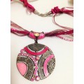 Necklace -Pink Extravaganza Pendant metal Ribbons+ beads LOOK At My BUY NOW LISTINGS NO WAITING