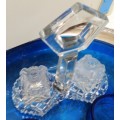 GLASS * Crystal waffle pattern holder + 2 salts+ cut glass 1salt