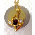 Post-Ordered Circa 1965to1975 Golden Pendant with Garnet at Center + Juxtaposing Diamond Chips*LOOK