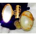Pill box metal onyx top + Lipstick holder Gold tone has mirror