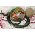 circa 1980 CLOISONNÉ Pendant Red Flowers on green cord LOOK At My BUY NOW LISTINGS NO WAITING
