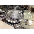 4 items EPNS*STAND double sided handles Footed frill edge *Glass Butter dish *Jam Spoon +*Tea spoon