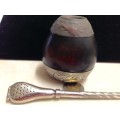 Bombilla tea metal straw has Strainer Argentina + Gourd which has silver tone metal chase work