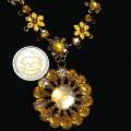 Necklace - CLOISONNE FLOWER big AMBER CRYSTALS GOLD TONE METAL
