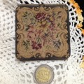 Antique  POWDER COMPACT metal Embroidered material exterior interior has mirror LOOK At My BUY NOW