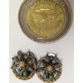 Vintage clip on earrings  silver tone metal little blue stones