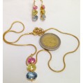 Necklace+Earrings - Set multiple colour small stones Chain gold Tone metal