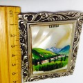 Souvenir GEORGE*Mother Of Pearl Framed rural scene in Silver tone  Frame own easel stand
