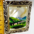Souvenir GEORGE*Mother Of Pearl Framed rural scene in Silver tone  Frame own easel stand