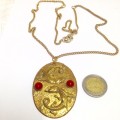 Necklace -ORIENTAL DRAGONS YING+YANG *BRASS* RED STONE+ GOLD Tone CHAIN
