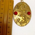 Necklace -ORIENTAL DRAGONS YING+YANG *BRASS* RED STONE+ GOLD Tone CHAIN