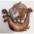 Vintage Scottish BROOCH Viking ship mother pearl trim to one sail copperish