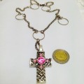 Necklace - Cross  huge central pink crystal chain silver tone has attractive decorative rings