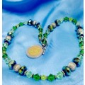 Necklace Art Glass Green conical +larger faceted mirrorRound silver balls