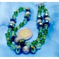 Necklace Art Glass Green conical +larger faceted mirrorRound silver balls