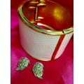 BANGLE  HINGED CLAMPER  GOLD TONE METAL White faux leather +MARCASITE CLIP ON EARRINGS