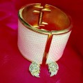 BANGLE  HINGED CLAMPER  GOLD TONE METAL White faux leather +MARCASITE CLIP ON EARRINGS