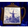 Trivet cast iron Delft tile blue on White Shape of Tea Pot