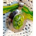 Necklace* Murano Central Large PENDANT in 7Millefiori Flowers inside Silver Tone + green glass bead