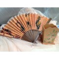 Fan -  2 items hand held Oriental +Wood Box to stand it in LOOK At My BUY NOW LISTINGS NO WAITING
