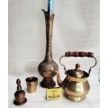 Brass -Tea kettle+Small cup + Tea Pot wood handle +Tall tea pot No lid + BELL or SNUFFER