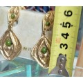 EARRING -  dangle Italian Clip on Costume Jewelry Gold tone with small green cabochon