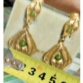 EARRING -  dangle Italian Clip on Costume Jewelry Gold tone with small green cabochon