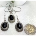 Necklace+ Earrings - Mourning black cabochon pendant on silver tone chain and earrings