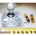 Perfume Bottle -Cut Glass Crystal + stopper+Dauber + Amber+ black Cut glass beads Earrings