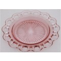 Pink lace cake Plate Glass Anchor Hocking cut outs edge +Note free 2 pink glass Cups have chips