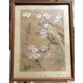 FRAMED Oriental painting artist signed  hand painted bird red prunis flowers on silk fabric