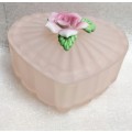 Pretty Pink Trinket box +lid ribbed Pink Satin Frosted glass has porcelain rose on top