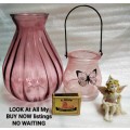 3  *VASE1 ribbed Glass China Pink +1Glass holder has metal handle butterfly on1ceramic small Fairy