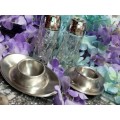 SALT s + Egg Cups- 2 Salts h Star crystal pressed cut glass  +2 Modern stainless steel egg cup trays