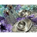 SALT s + Egg Cups- 2 Salts h Star crystal pressed cut glass  +2 Modern stainless steel egg cup trays